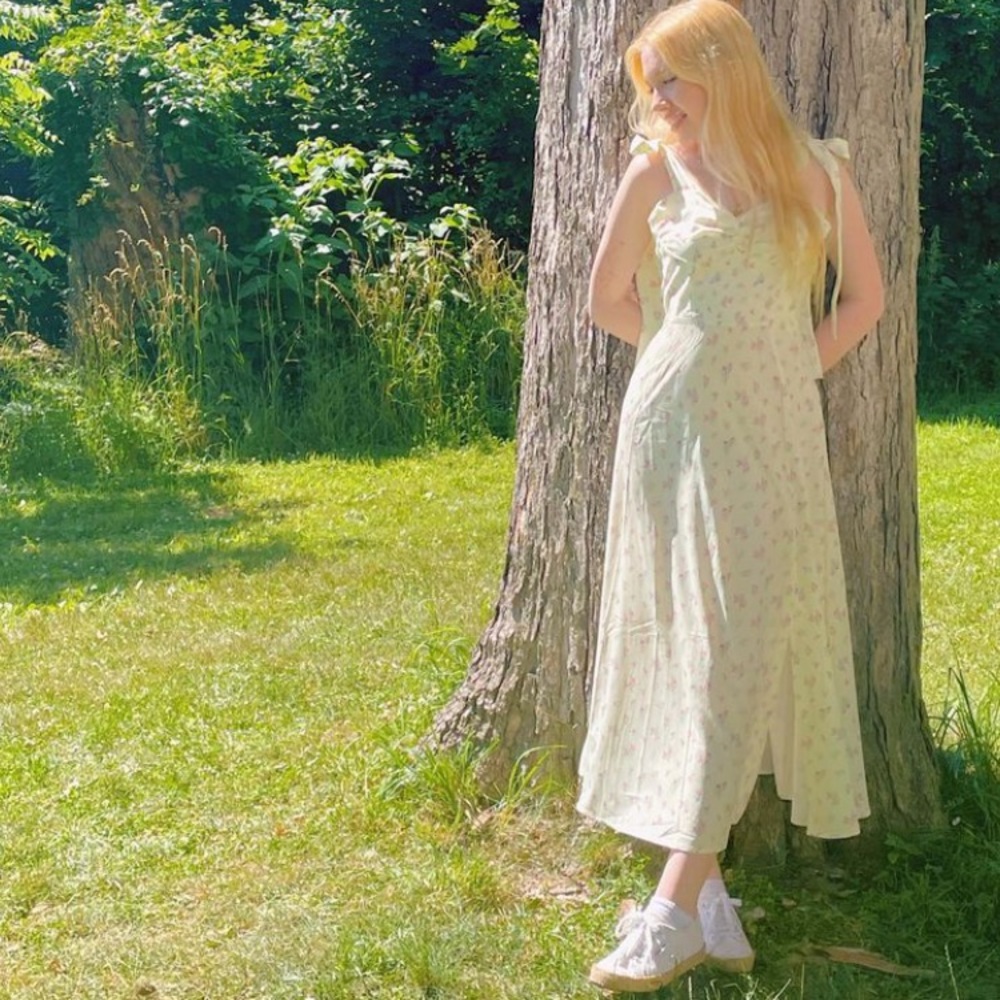 Yellow sun dress with pink and purple flowers